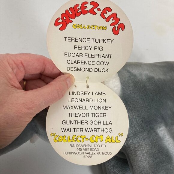Fundamental Too Squeezems Edgar Elephant Plush 1987 Works 18in Korea with Tag - Picture 10 of 11